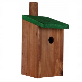 Budka lęgowa dla ptaków - sikorek, mazurków i muchołówek - brązowa z zielonym dachem