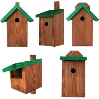 Budki dla ptaków - zestaw 5 rodzajów - brązowe z zielonym dachem