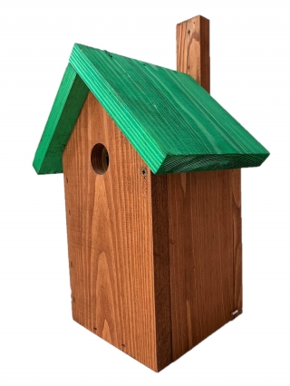 Budka lęgowa dla ptaków - sikorek, wróbli i kowalików -  brązowa z zielonym dachem
